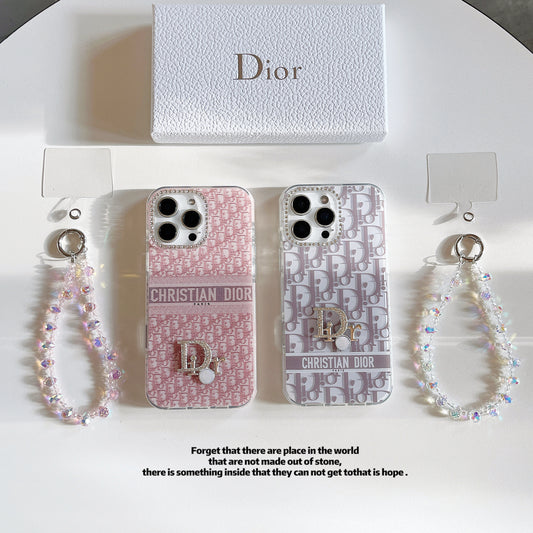 Christian Dior-Inspired Luxe Phone Case + Pearl Wrist Strap Set